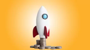 Rocket graphic on coins demonstrating content boosting